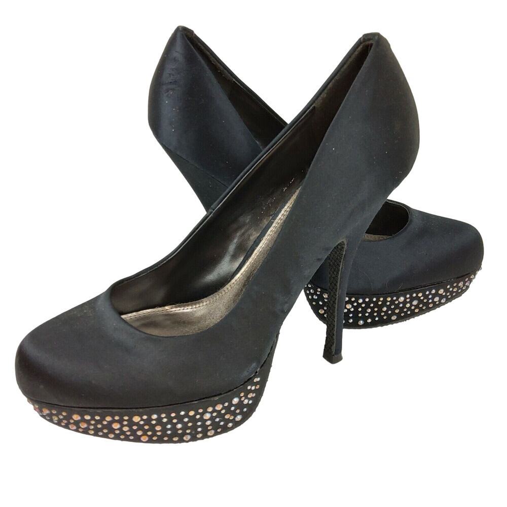 Steve Madden Sz 10 Black Satin Platform Heels W Rhinestones party evening club